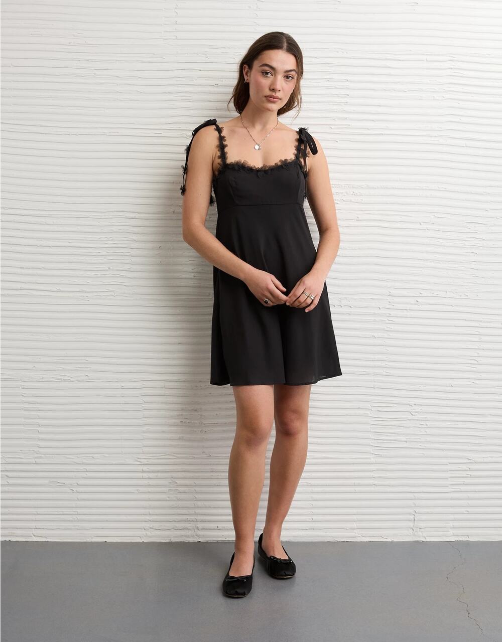 NEW American Eagle Mini Dress Black Floral Tie Strap Babydoll Slip Size S